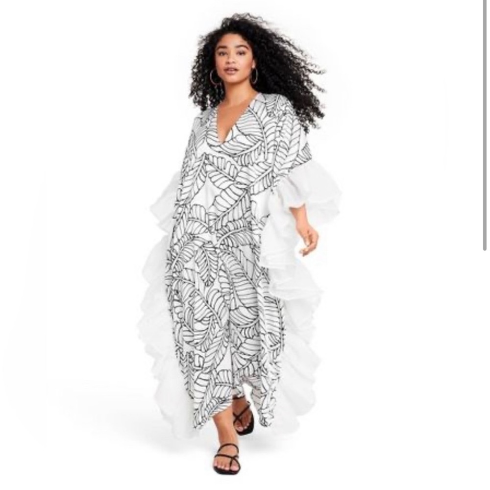 Sketch Palm Leaf Print Ruffle Trim Cover Up Dress Kaftan Kimono - Fe Noel